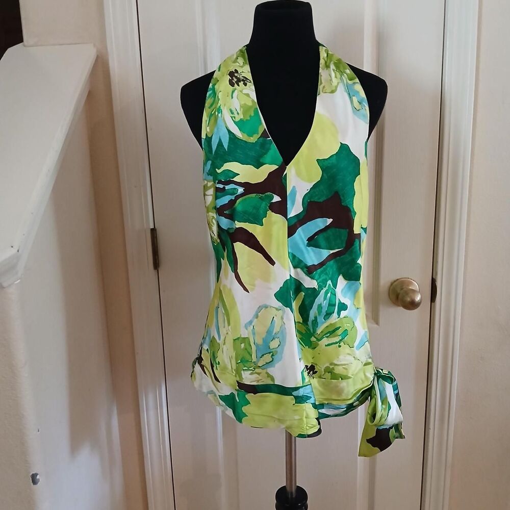 Y2K Vintage Banana Republic 100% Silk Abstract Tropical Halter Top L Old Money